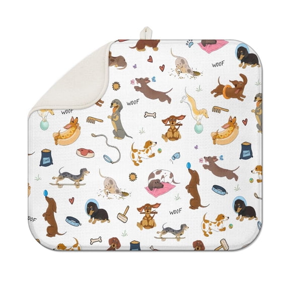 Cartoon Dachshund Dish Drying Mat for Kitchen 1 Pack, Ultra Absorbent Microfiber Dishes Drainer Mats,16"x18"