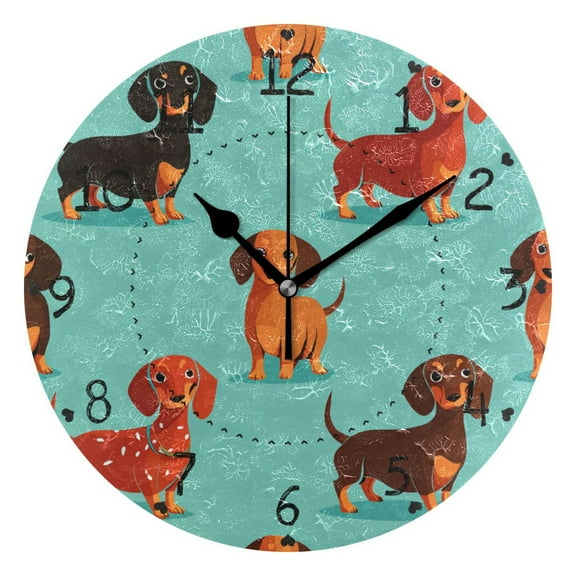 Cartoon Dachshund Dogs Round Wall Clock Silent Analog Battery Operated Black Pointer Home Decor 9.84" Diameter