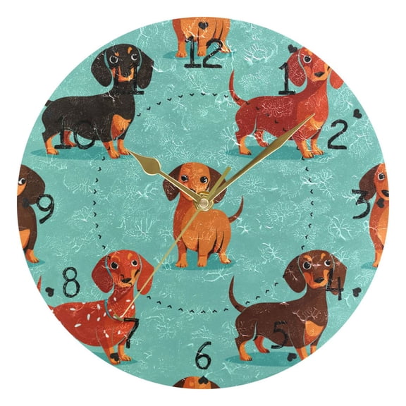 Cartoon Dachshund Dogs Round Wall Clock Silent Analog Battery Operated Gold Pointer Home Decor 9.84" Diameter