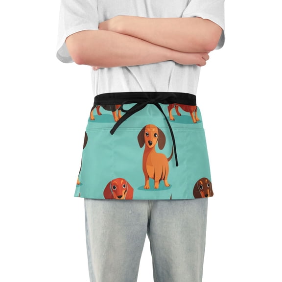 Cartoon Dachshund Dogs Short Server Apron with 3 Pockets for Unisex Chef Gardening