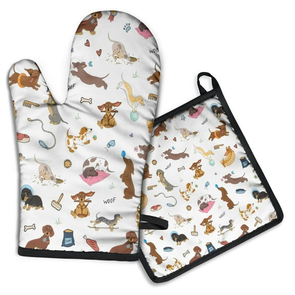 Cartoon Dachshund Kitchen Oven Mitt and Pot Holder Sets 2 Pcs for Baking, Cooking and Grilling, Heat Resistant Up To 392 °F