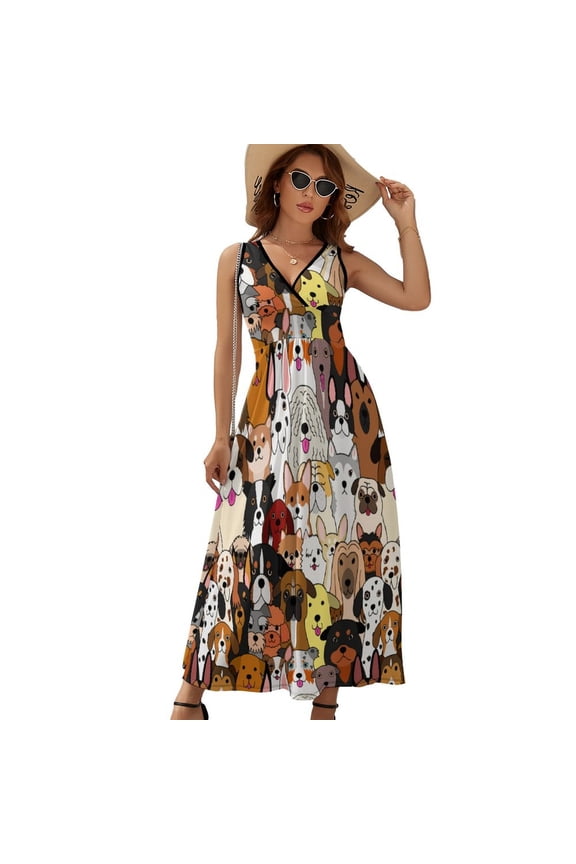 Cartoon Dachshund Puppy Dog Stylish Womens Night Club Maxi Dress V Neck Sleeveless Bohemia Long Dresses
