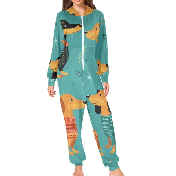 Cartoon Dachshund with Sweaters Adult's Hoodie Onesie Jumpsuit One-Piece Pajamas with Zipper Unisex for Holiday XL