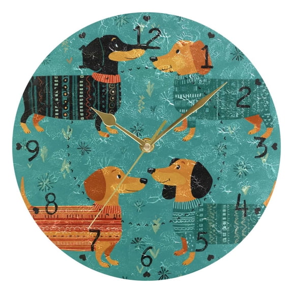Cartoon Dachshund with Sweaters Round Wall Clock Silent Analog Battery Operated Gold Pointer Home Decor 9.84" Diameter