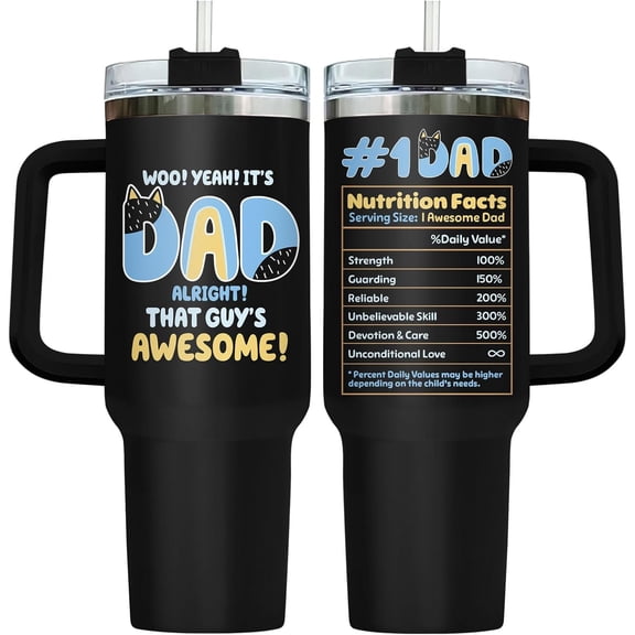 Cartoon Dad Tumbler with Handle and Straw, 40oz Dad Tumbler, Awesome Dad Travel Mug, Blue Dad Cup, Dad Christmas Gifts from Son Daughter Wife