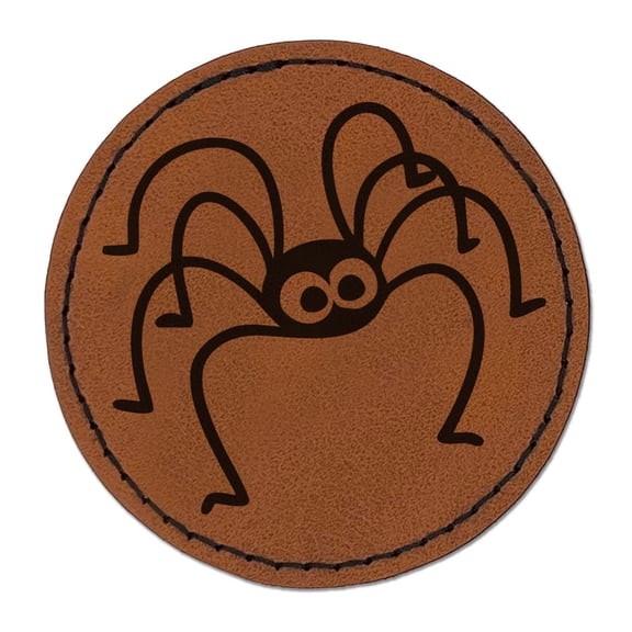 Cartoon Daddy Long Legs Cellar Spider Harvestman Round Iron-On Engraved Faux Leather Patch Applique - 2.5 Inch - Brown