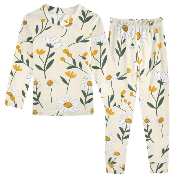 Cartoon Daisies Leaves Cotton Pajama Set Long Sleeve Top and Pants Sleepwear Unisex 8Y