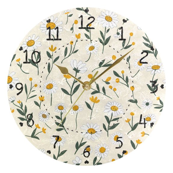 Cartoon Daisies Leaves Round Wall Clock Silent Analog Battery Operated Gold Pointer Home Decor 9.84" Diameter