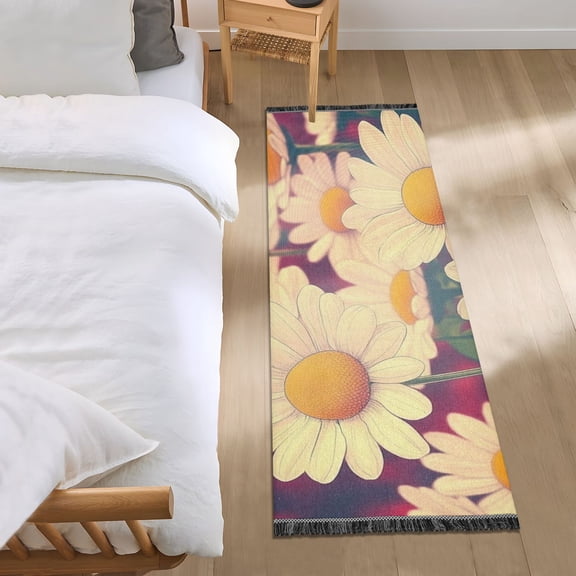 Cartoon Daisy Illustration Bedroom Runner Rug 2'x 6' Non Slip Carpet Indoor Home Area Rug Living Room