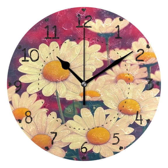 Cartoon Daisy Illustration Round Wall Clock Silent Battery Operated Home Decor for Living Room Bedroom