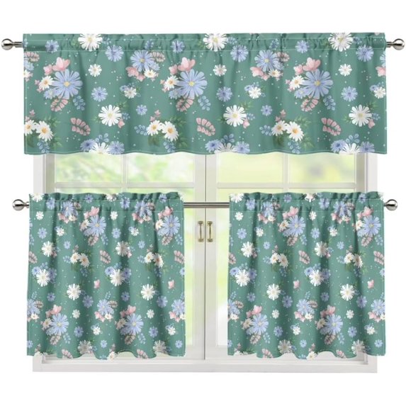 Cartoon Daisy Kitchen Curtain Valance and Tiers Set Farmhouse Window Curtains Tier Curtains Valance,Living Room Curtains Window Decor,3 Pcs