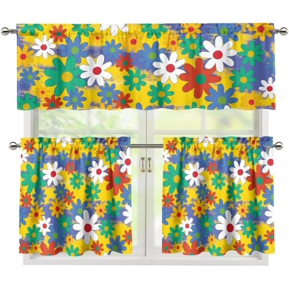 Cartoon Daisy Kitchen Curtain Valance and Tiers Set Farmhouse Window Curtains Tier Curtains Valance,Living Room Curtains Window Decor,3 Pcs