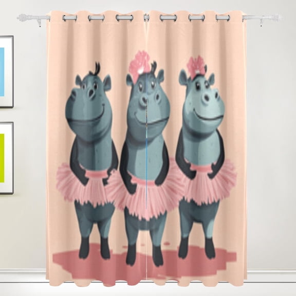 Cartoon Dancing Hippo Blackout Curtains 55W x 72/84L Living Room Bedroom Curtains Heat Insulation and Sun Protection 2-Pack