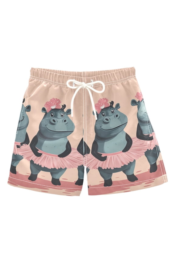 Cartoon Dancing Hippo Boys Swim Trunks Quick Dry Boy Swim Shorts for 3-14 Years
