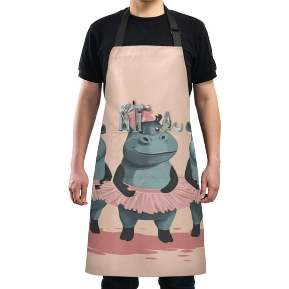 Cartoon Dancing Hippo Chef Kitchen Apron with Pockets for Women Waterproof Aprons for Cooking Baking