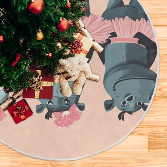 Cartoon Dancing Hippo Christmas Tree Skirt Stand Mat Waterproof Floor Protection Mat for Holiday Decoration
