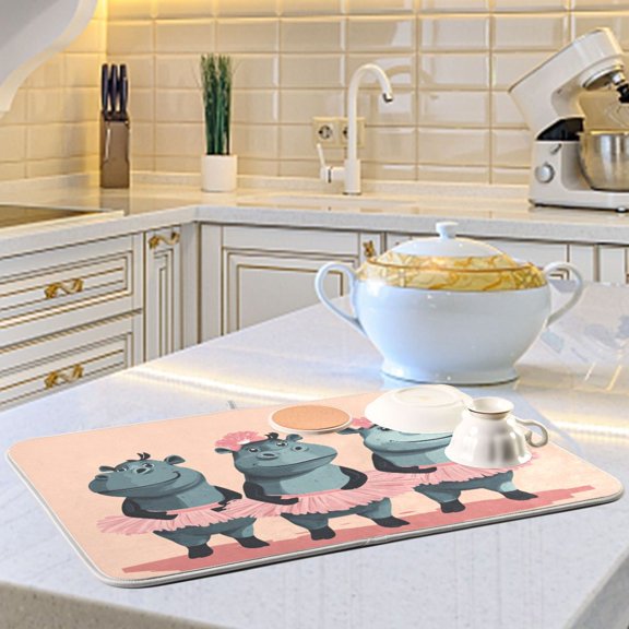 Cartoon Dancing Hippo Dish Drying Mats for Kitchen Counter Absorbent Microfiber Coffee Pad