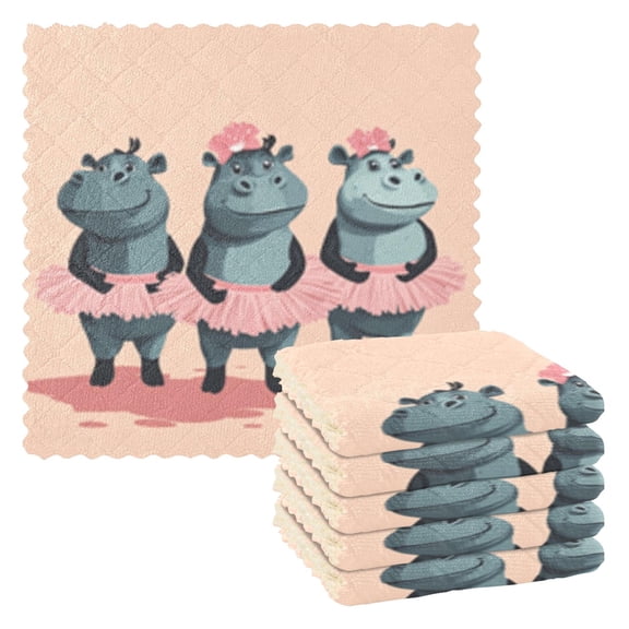 Cartoon Dancing Hippo Kitchen Cloth Dish Towels for Drying Washing Absorbent Dish Rags Reusable soft kitchen dishcloth set 6 Pack