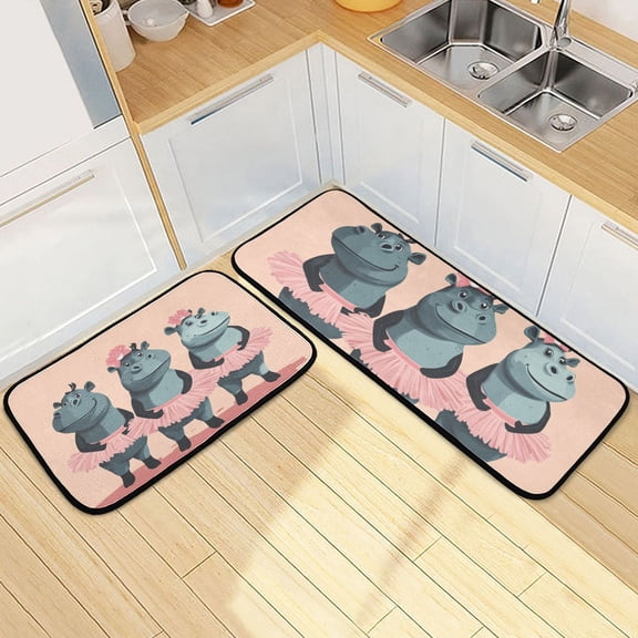 Cartoon Dancing Hippo Kitchen Mat Set of 2 Cushioned Non Slip Rugs for Bedroom Floor Runner Mats