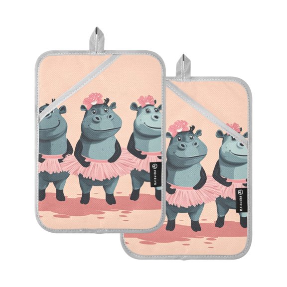 Cartoon Dancing Hippo Oven Mitts Pot Holders 2 pcs Heat Resistant for Kitchen Baking Grilling
