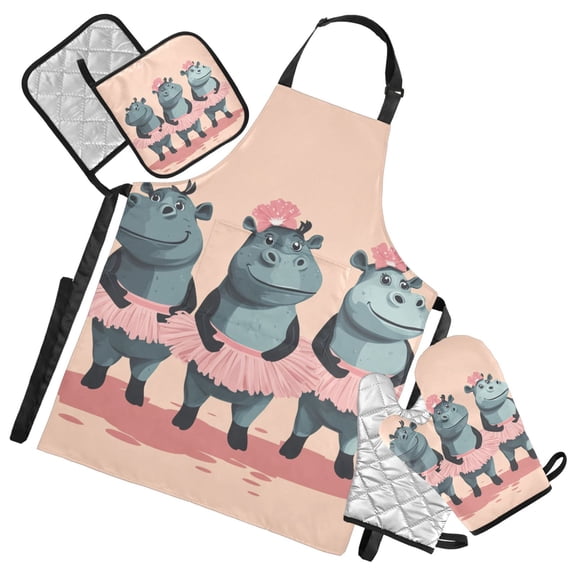 Cartoon Dancing Hippo Oven Mitts and Pot Holders with Chef Apron Set 5 Pcs Kitchen Cooking Set