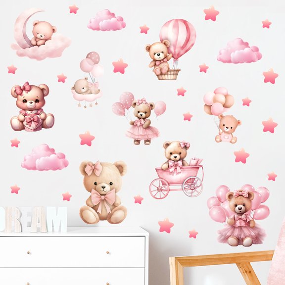 Cartoon Decals Pink Bear Stars Wall Stickers Vinyl Peel and Stick Removable Decal for Living Room Bedroom Decor 28x31Inch