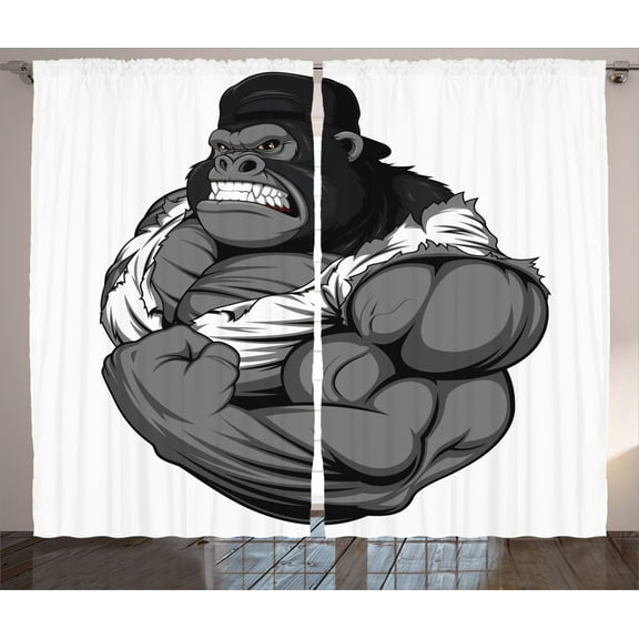 Ambesonne Cartoon Curtains 2 Panel Set, Animal Athlete Gorilla, 108" x 90", Black White Grey