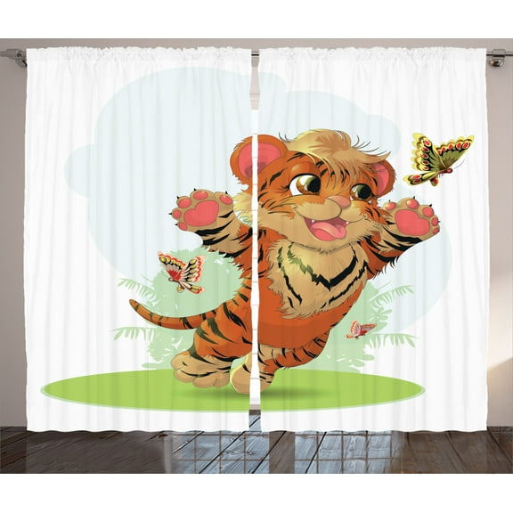 Ambesonne Cartoon Curtains 2 Panel Set, Cub with Butterflies, 108" x 90", Orange Cream Green