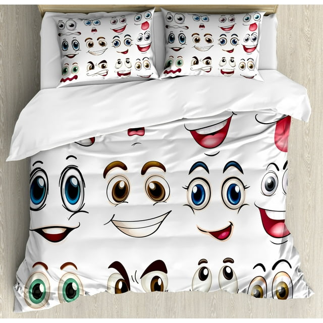 Cartoon Decor King Size Duvet Cover Set, Smiley Face Emoji Cartoon Hand Drawing Image with Positive Face Expressions, Decorative 3 Piece Bedding Set with 2 Pillow Shams, Multicolor, by Ambesonne