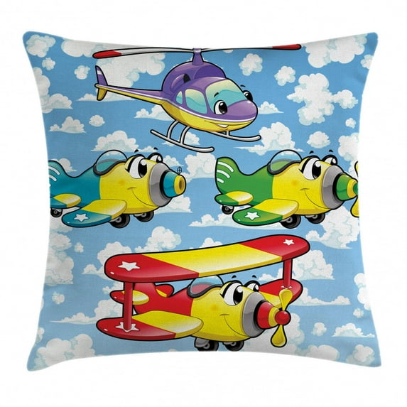 Cartoon Decor Throw Pillow Cushion Cover, Kids Cute Airplanes and Helicopters with Faces in Cloudy Sky Baby Nursery Print, Decorative Square Accent Pillow Case, 24 X 24 Inches, Multi, by Ambesonne