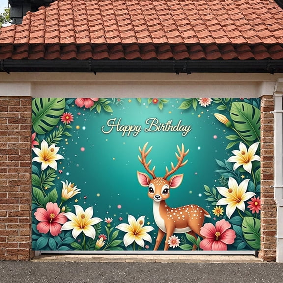 Cartoon Deer Banner Tropical Flowers Deer Birthday Display Green Leaves Turquoise Background Floral Birthday Backdrop for Birthday Party Kids Celebration Photo Shoot