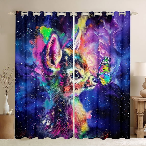 Cartoon Deer Curtains & Drapes Watercolor Animal Curtains, Psychedelic Galaxy Stars 30%-50% Blackout Curtains Rainbow Graffiti Living Room Curtains, Trippy Nebula Cosmos Window Curtains