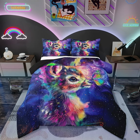 Cartoon Deer King Comforter Set Watercolor Animal Bedding Set King , Psychedelic Galaxy Stars Bedding Comforter Sets Rainbow Graffiti Duvet Set, Trippy Nebula Cosmos Quilted Comforter