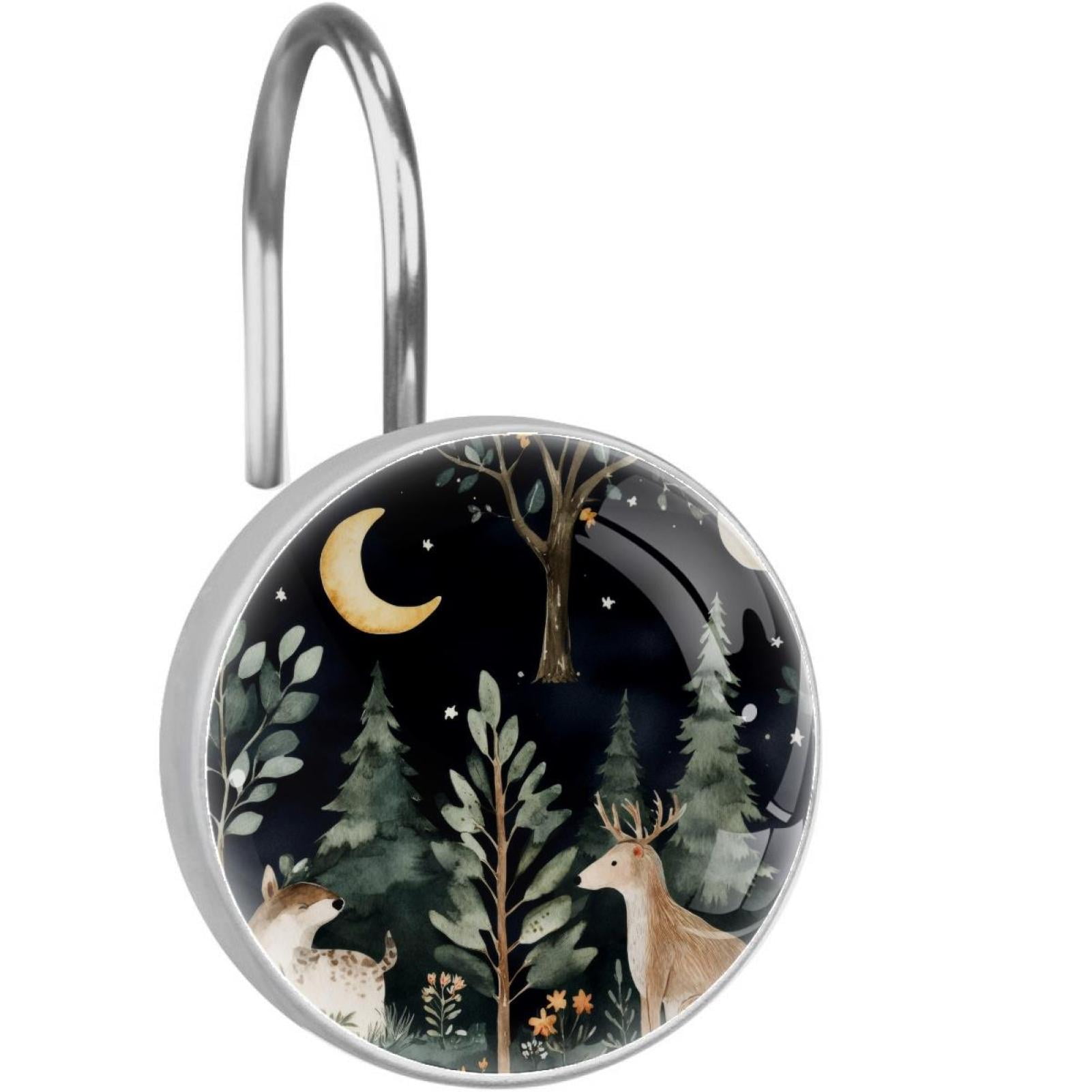 Cartoon Deer Trees Shower Curtain Hooks Round Crystal Glass, Set of 12 Shower Curtain Rings - Shower Hooks for Curtain Shower Rings
