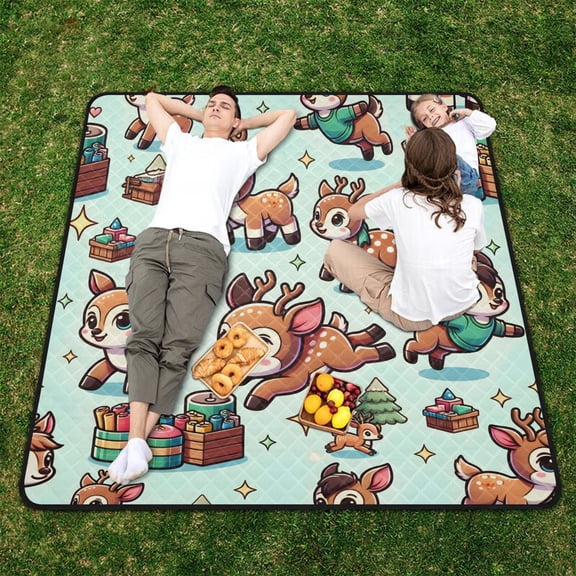 Cartoon Deers Gifts Beach Blanket Outdoor Picnic Blanket 78"x 78" Waterproof Foldable for Beach Camping Travel Hiking Grass Lawn Park