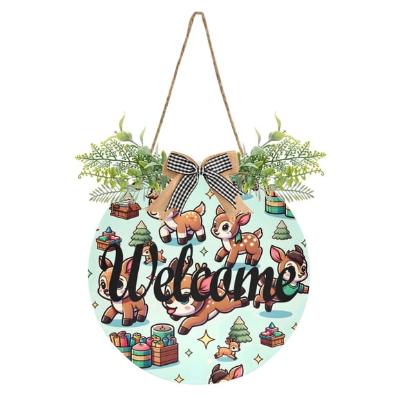 Cartoon Deers Gifts Welcome Sign for Front Door Wreath Door Sign for Farmhouse Porch Decoration Indoor Outdoor