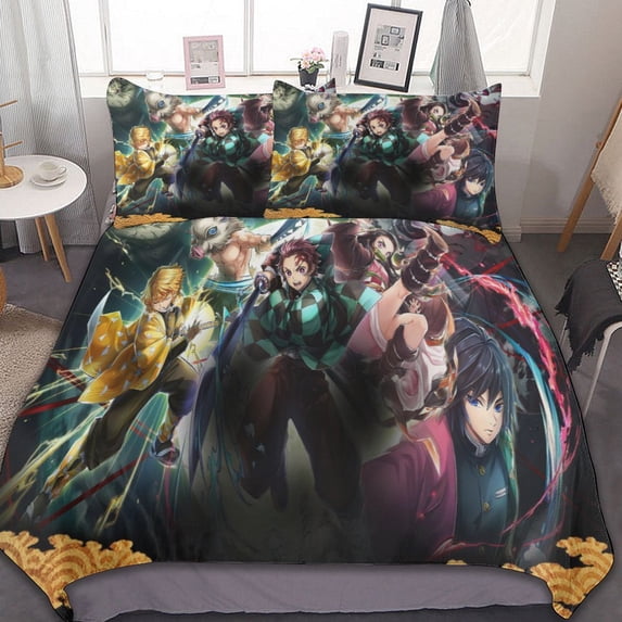 Cartoon Demon Slayer 3-Piece Bed Set Warm and Comfortable Kawaii Bedding Set Cute Soft Tanjiro Nezuko Zenitsu Bedclothes for Boys Girls Kids 86"x70"