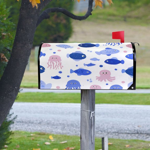 Cartoon Devilfish Jellyfish Fish Dots Magnetic Mailbox Cover Rust Protection Yard Decor 20.7" x 18.03"