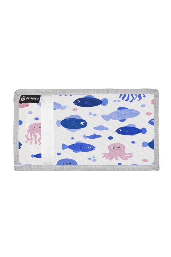 Cartoon Devilfish Jellyfish Fish Dots Trifold Wallets Card Holders Coin Pockets with Lanyards Portable Unisex