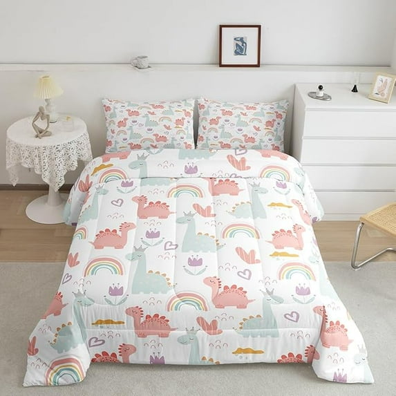Cartoon Dino Comforter Set Twin,Pink Green Dinosaur Comforter Cute Jungle Dino Comforter Set Cute Rainbow Duvet Set Microfiber Quilt Set