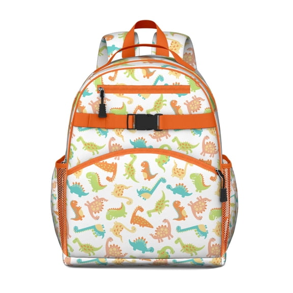 Cartoon Dino School Backpack with Vibrant Roaring Dinosaur and Abstract Nature Background Pattern