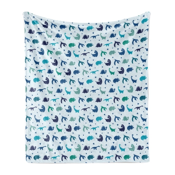 Cartoon Dino Soft Flannel Fleece Blanket, Continuous Childish Dinosaurs and Geometric Shapes in Blue Tones, Cozy Plush for Indoor and Outdoor Use, 50" x 60", Baby Blue and Multicolor, by Ambesonne