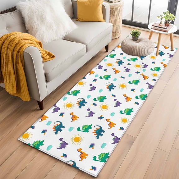Cartoon Dinosaur 2'x6' Runner Rugs for Hallway Kitchen Bedside Non Slip Washable, Watercolor Funny Cute Dino Sun Entryway Rug Runners with Rubber Backing, Long Carpet Runner for Laundry Room