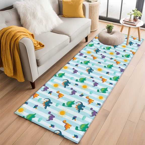 Cartoon Dinosaur 2'x6' Runner Rugs for Hallway Kitchen Bedside Non Slip, Watercolor Green Orange Dino Sun Striped Entryway Rug Runners with Rubber Backing, Long Carpet Runner for Laundry Room