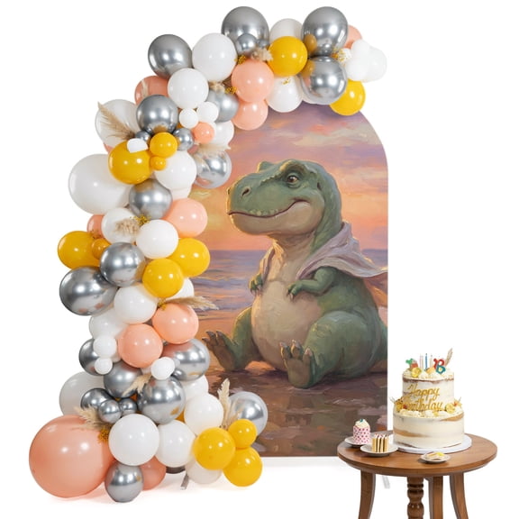 Cartoon Dinosaur Arch Backdrop Cover 4FT Funny Tyrannosaurus Rex Sunset Summer Beach Spandex Fitted Arch Covers Stretchy Backdrop Decoration for Wedding Birthday Graduation Party