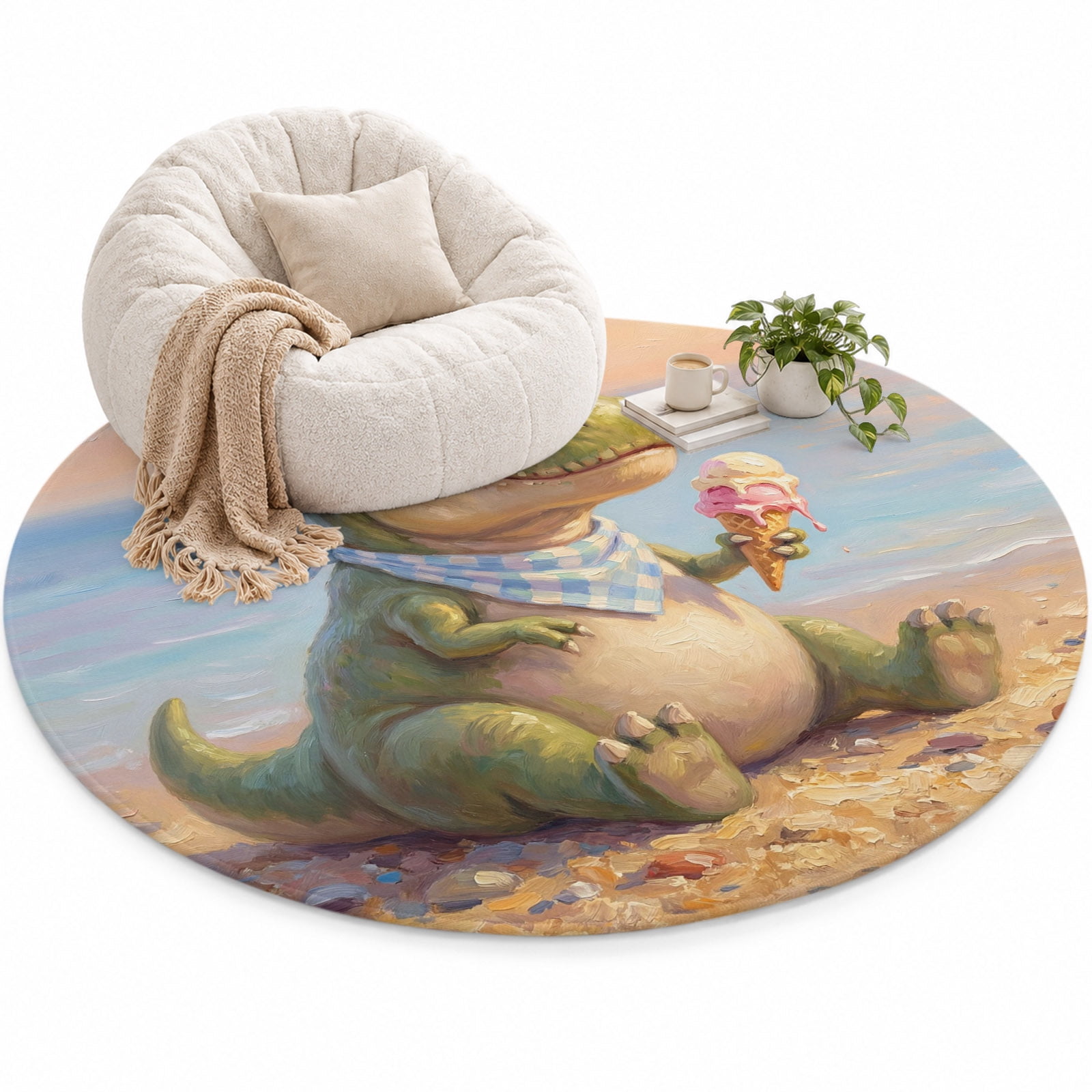 Cartoon Dinosaur Area Rug 6', Funny Tyrannosaurus Rex Summer Ice Cream ...