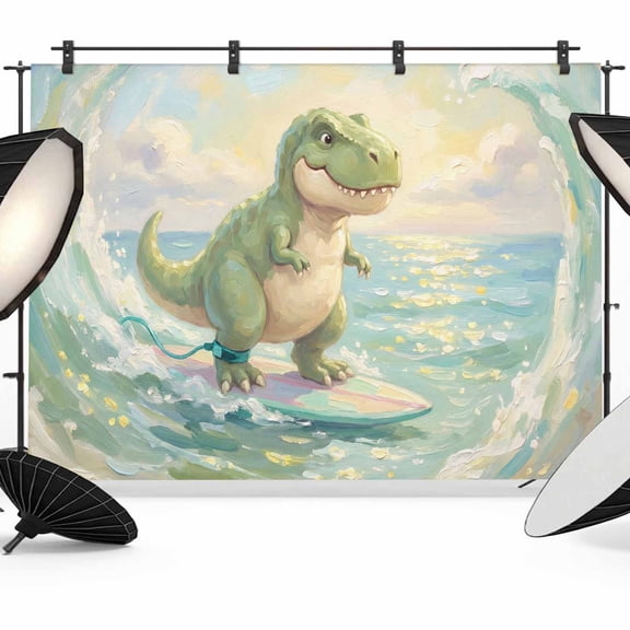 Cartoon Dinosaur Backdrop for Photography, Funny Tyrannosaurus Rex Watercolor Surfboard Wave Photo Backdrop Portrait Background Party Banner Photo Backgrounds for Studio Booth Props, 7x5ft
