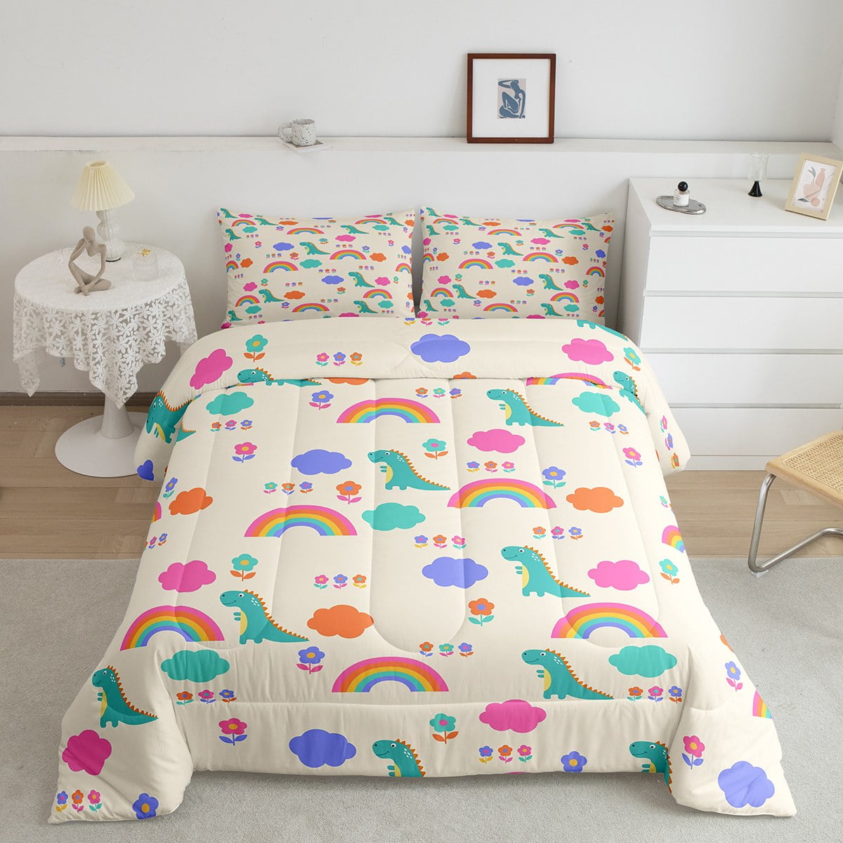 Cartoon Dinosaur Bedding Set Full for Kids Boys Girls Rainbow Comforter Set, Floral Flower Duvet