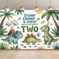 thumbnail image 1 of Cartoon Dinosaur Birthday Backdrop Stomp Chomp Chew Our Little Dino is TWO Photography Background Tropical Jungle Dinosaur 2nd Birthday Party Decorations Banner Supplies Photo Booth Props, 1 of 6