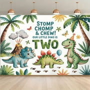 Cartoon Dinosaur Birthday Backdrop Stomp Chomp Chew Our Little Dino is TWO Photography Background Tropical Jungle Dinosaur 2nd Birthday Party Decorations Banner Supplies Photo Booth Props